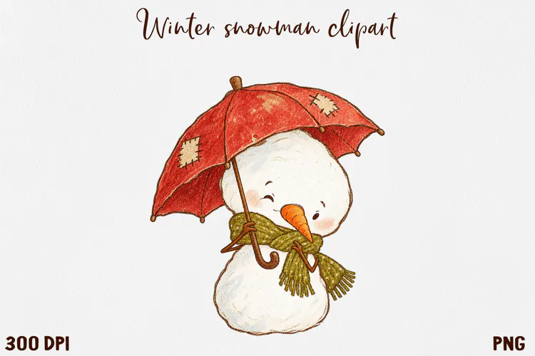Cute Winter Snowman Clipart, Cozy Christmas Snowman PNG.