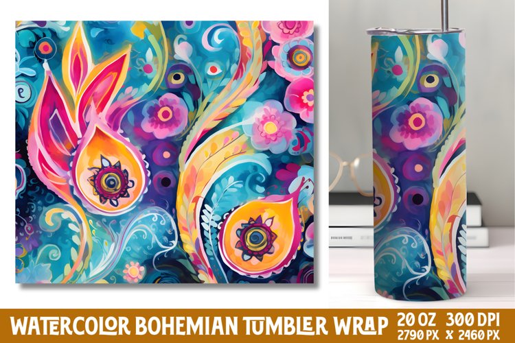 Seamless Watercolor Bohemian Tumbler Wrap