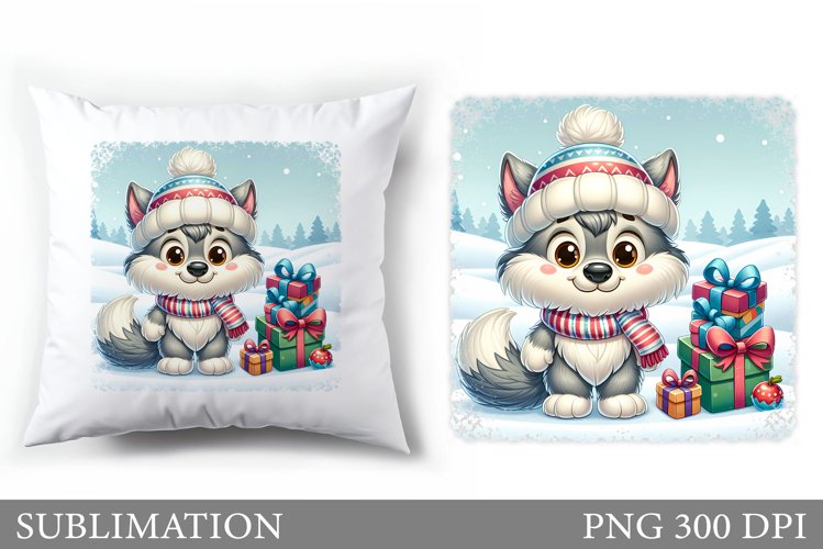 Cute Wolf Pillow Design. Christmas Pillow Sublimation example image 1