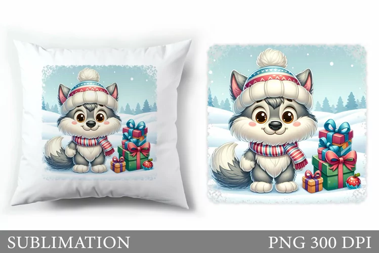 Cute Wolf Pillow Design. Christmas Pillow Sublimation