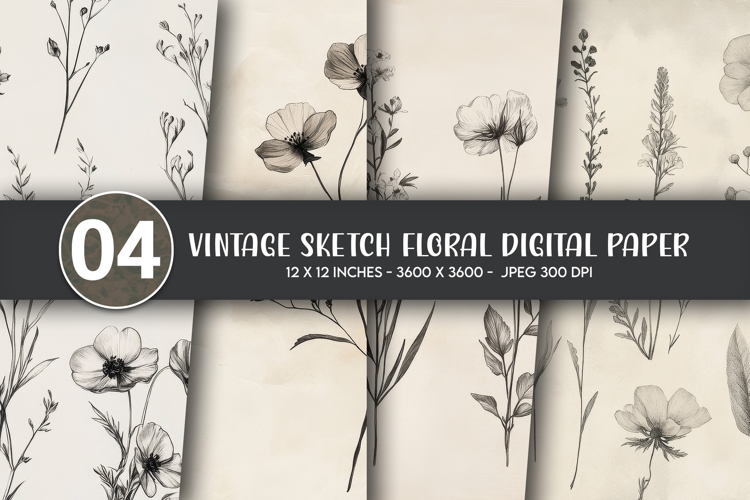Vintage Sketch Floral Digital Paper