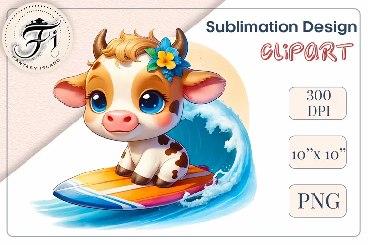 Cute Cartoon Baby Cow Surfer | Clipart | Sublimation Png
