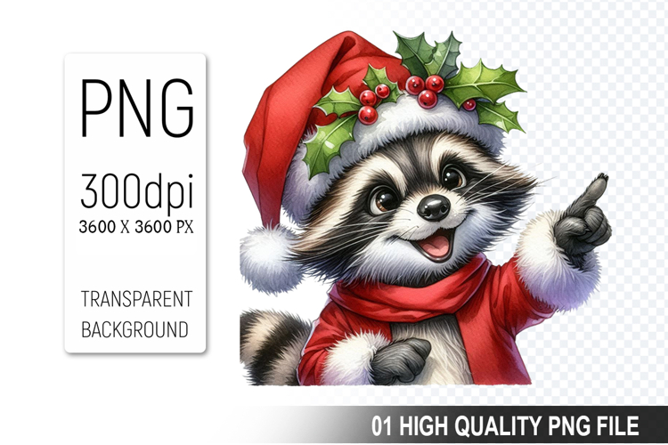 Christmas Raccoon in Santa Outfit Clipart, High-Quality PNG