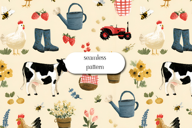 Cute Farm Life Seamless Pattern Watercolor Animals