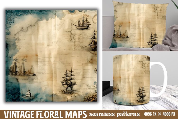 Vintage Floral Maps Seamless Patterns Backgrounds, example image 1