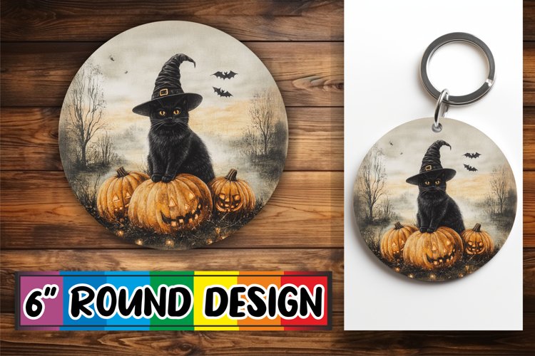 Fall Halloween Round Design with Cat for Sublimation