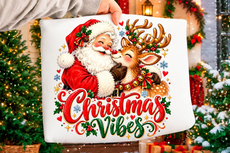 Christmas Vibes Santa and Reindeer PNG Christmas T-s