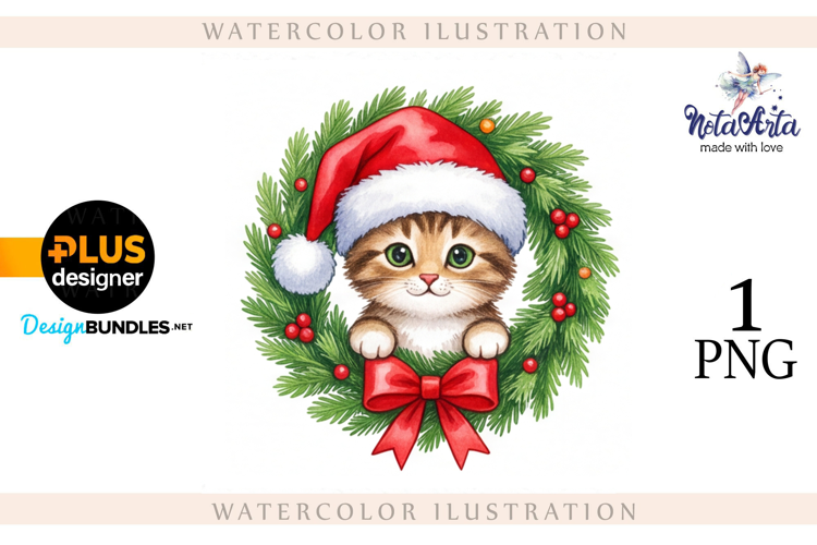 Christmas Kitten in Watercolor Style