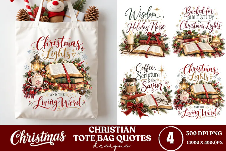 4 Christian Christmas Tote Bag PNGs, 4 Bible Lover Christmas