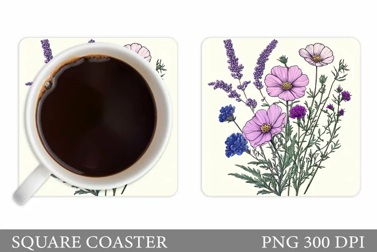 Flowers Square Coaster Sublimation. Flowers Coaster Design