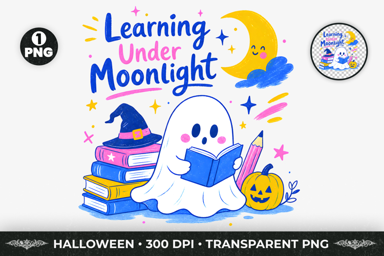 Moonlight Reading Ghost Halloween T-Shirt Design PNG