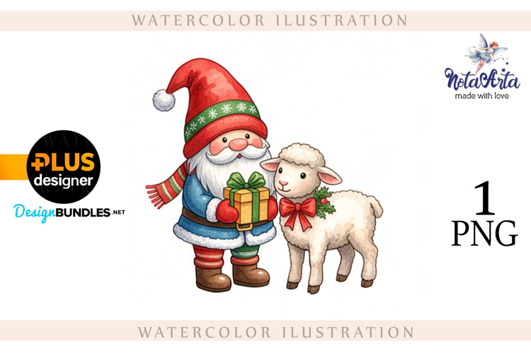 Christmas Gnome Santa with a Sheep in Watercolor Style
