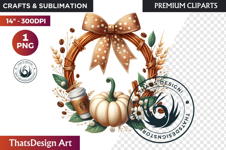 Cozy Autumn Wreath - Boho Farmhouse Fall Clipart PNG