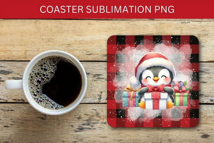 square coaster - penguin with christmas wrapped gift