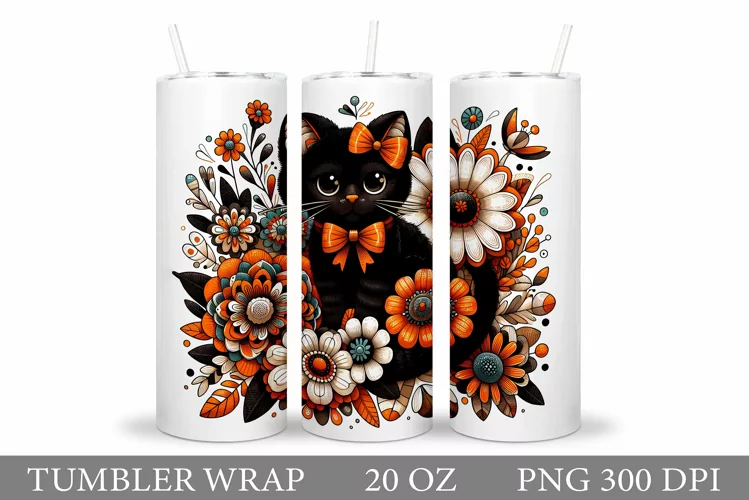 Black Cat Tumbler Design. Cat Flowers Tumbler Sublimation