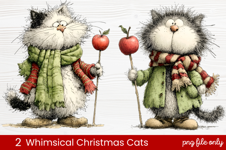2 Whimsical Christmas Cats Clipart | Cute Holiday Cat PNG