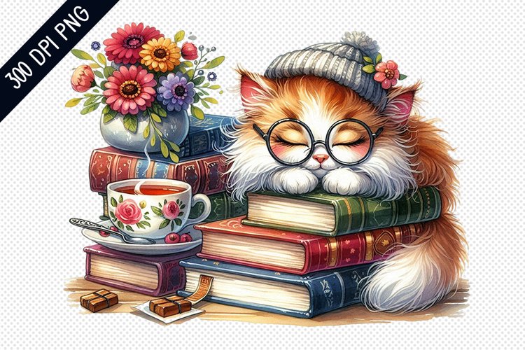 Books And Sleeping Cat Sublimation - Clipart PNG Design