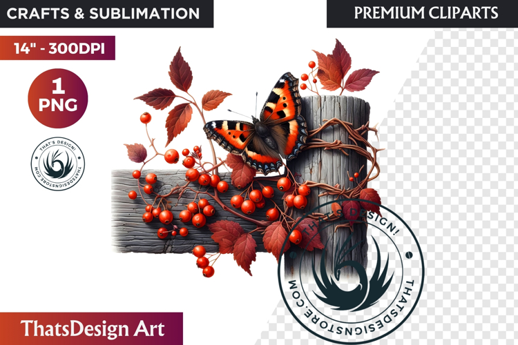 Autumn Butterfly and flower Clipart: Moody Floral PNG