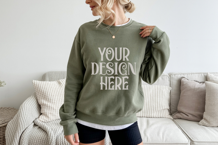 Gildan 18000 Military Green Crewneck Sweatshirt Mockups,G180