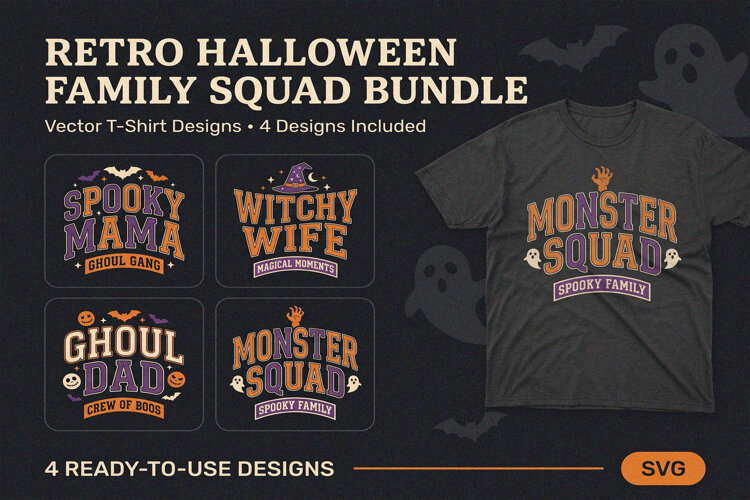 Retro Halloween Family Squad SVG Typography Designs example image 1