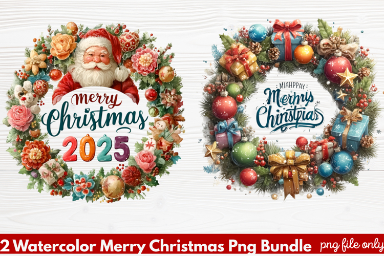2 Watercolor Merry Christmas PNG | Festive Holiday