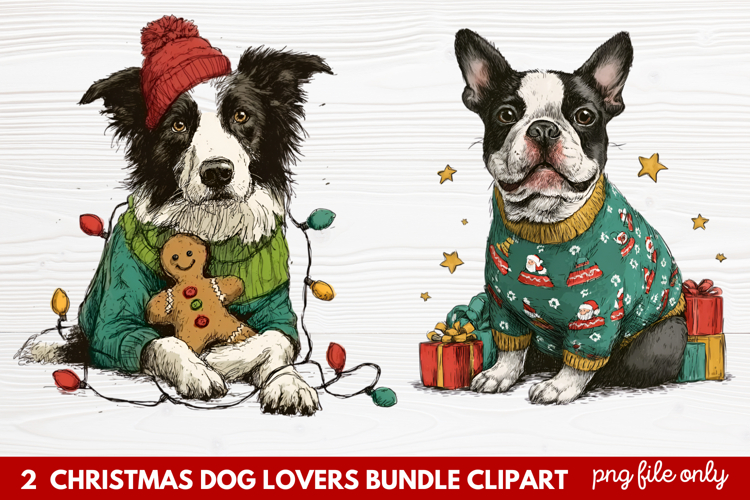 2 Christmas Dog Lovers Clipart | Festive Holiday Puppy PNG