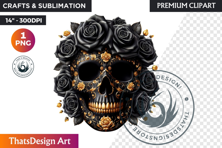 Floral Black Gold Sugar Skull dia de muertos Clipart PNG