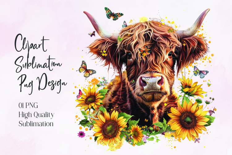 Highland Cow Sunflower Floral Sublimation PNG