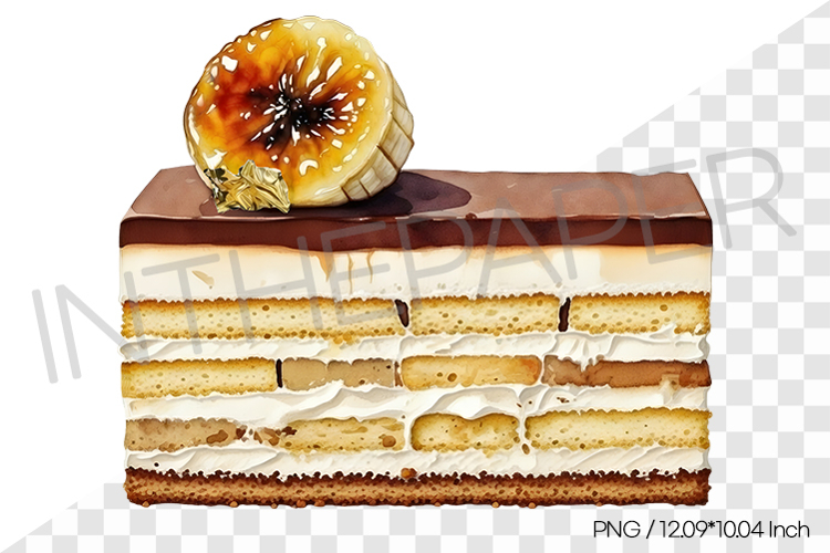 Banana Opera Cake Slice PNG Clipart Watercolor Dessert Illus