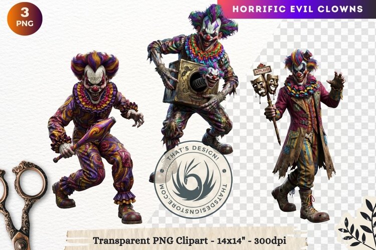 Horrific Evil Clown Clipart - Creepy Circus PNG Graphics example image 1
