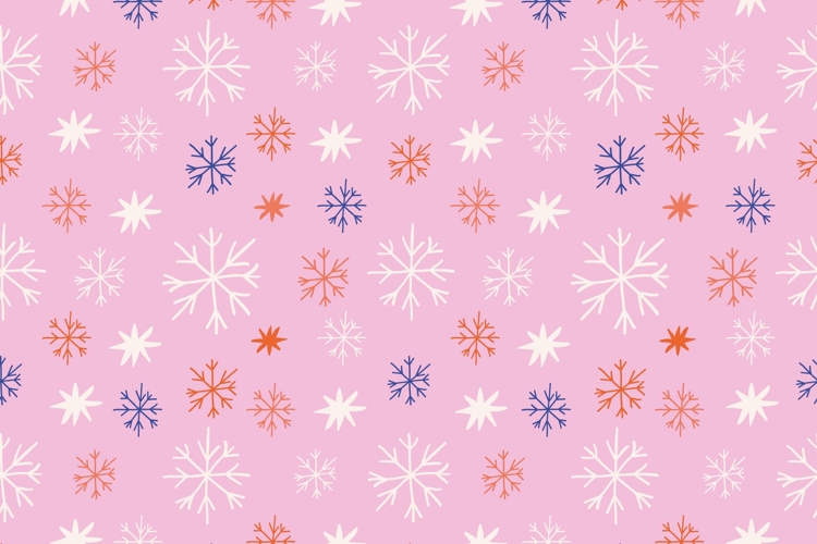 Pink whimsical hand drawn Christmas pattern with snowflakes