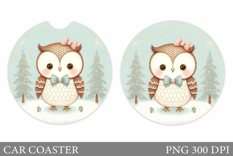 Christmas Owl Car Coaster. Christmas Car Coaster Sublimation