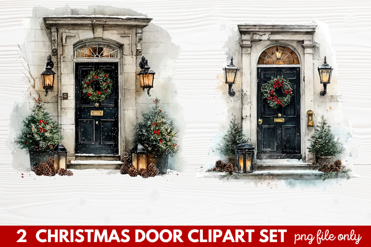 2 Christmas Door Clipart Set | Festive Holiday Front Door
