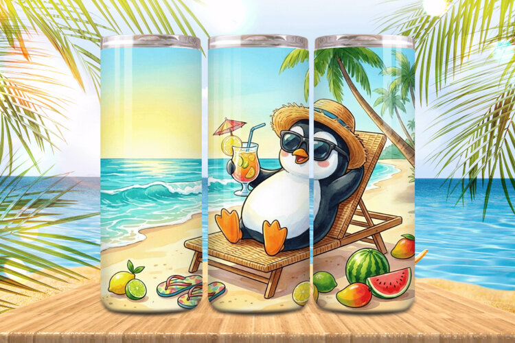 Cute penguin enjoy summer with juice in beach Tumbler Wrap P example image 1