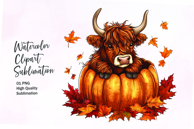 Cute highland cow inside pumpkin fall watercolor clipart