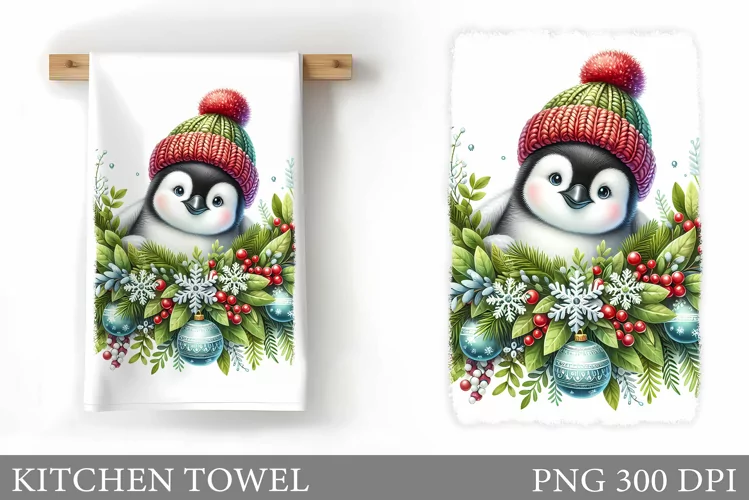 Cute Penguin Kitchen Towel. Christmas Penguin Kitchen Towel
