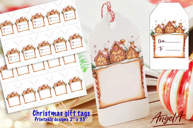 Christmas printable gift tag, gingerbread houses, papyrus