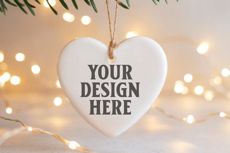 Romantic Christmas Ceramic Heart Ornament Mockup | Holiday