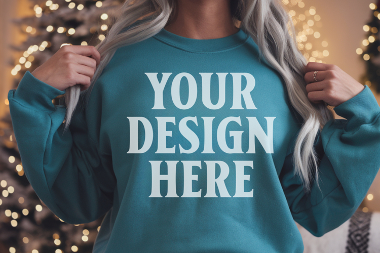 Comfort Colors 1566 Blue Spruce Sweatshirt Mockup Real Model