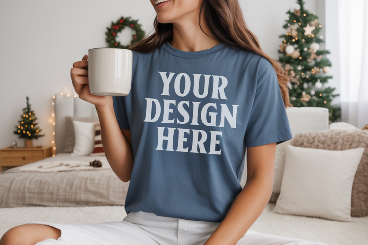 Comfort Colors 1717 Blue Jean Christmas T-Shirt Mockup, Boho