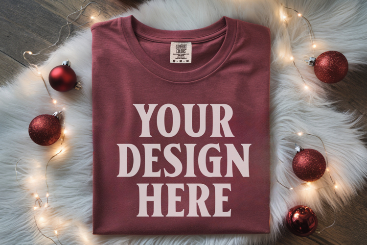 Crimson Comfort Colors 1717 Christmas Folded T-Shirt Mockup