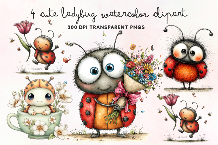 Cute Ladybug Watercolor Clipart PNG