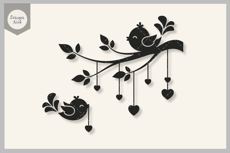 Love Birds on Branch SVG, Bird Silhouette with Hanging Heart