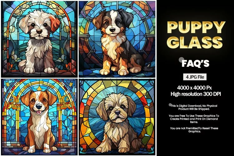 Puppy Stained Glass Square Coaster - 04 Variations