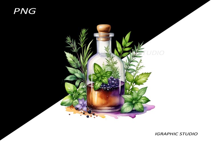 Watercolor bottle and herbs clipart