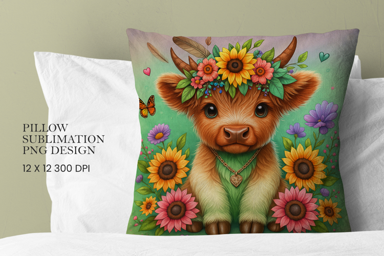 Highland Cow Flowers Pillow Sublimation PNG