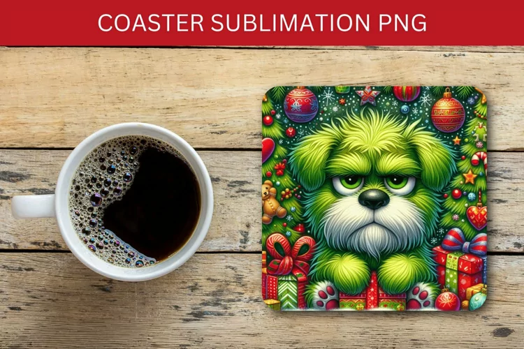square coaster - grumpy green dog
