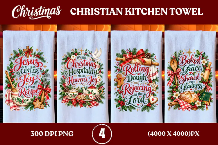 4 Christian Christmas Kitchen Towel PNGs, 4 Jesus Christmas