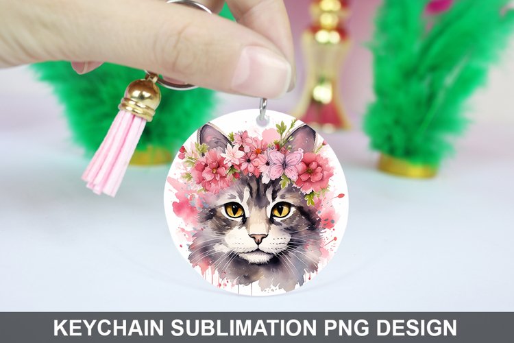 Cat Flowers Keychain Sublimation , Round Keychain PNG