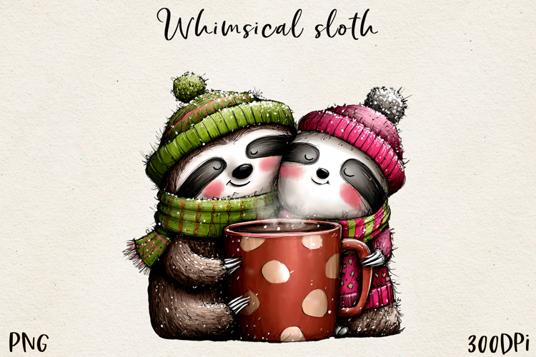 Whimsical Winter Sloths | Cute Cozy Sloth Clipart PNG